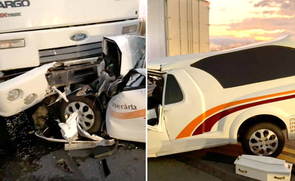 Colisão na BR-116 envolve caminhão e carro de funerária de Itatim no Entroncamento de Jaguaquara
