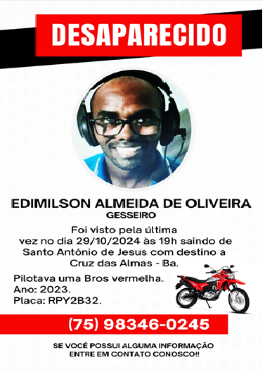 Jovem desaparecido é encontrado sem vida no trevo de Conceição do Almeida